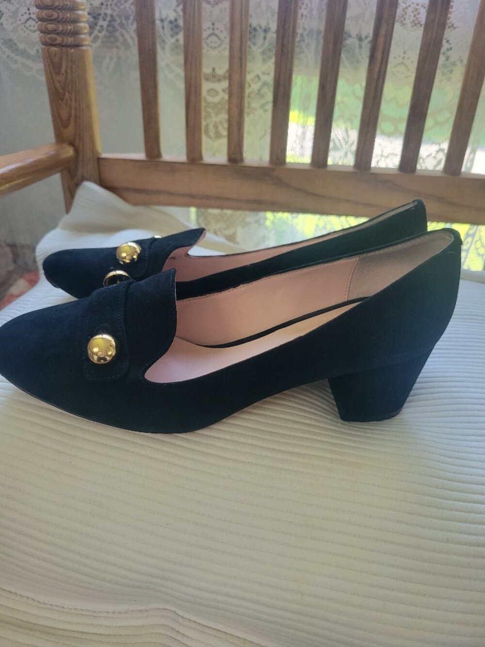 Kate Spade New York Black Suede Block Heel Loafer Pumps Gold Sz 8 - Picture 3 of 7